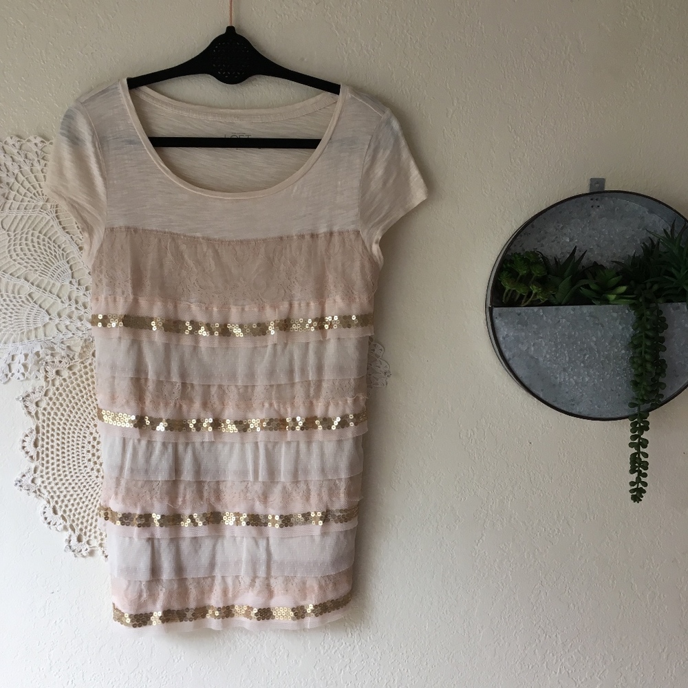 LOFT embellished lace trim sequin gold cream tee
